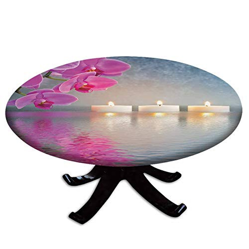 Elastic Edged Polyester Fitted Table Cover-Japanese Candle Relaxing Environment Cherry Blossoms Asian Inspirations Image Decorative-Fits up 40"-44" Diameter Tables-The Ultimate Protection for Your Tab