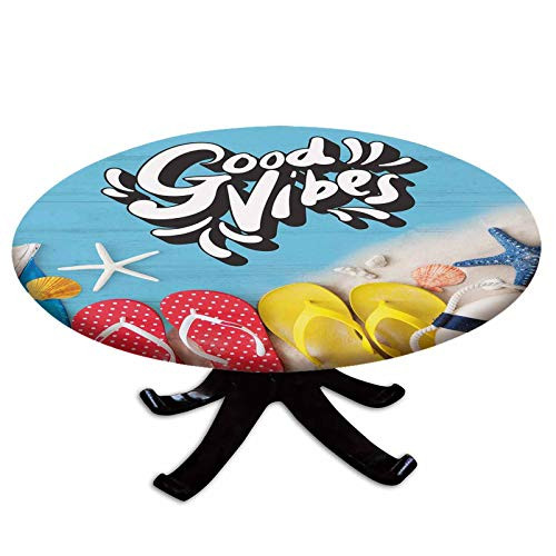 Elastic Edged Polyester Fitted Table Cover-Flip Flops and Ocean Marine Shells on Wooden Planks Summer Holiday Essentials Decorative-Fits up 40"-44" Diameter Tables-The Ultimate Protection for Your Tab