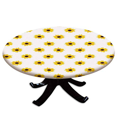 Elastic Edged Polyester Fitted Table Cover-Sunflower Pattern on a White Background Vibrant Nature Elements Simple Seasonal Artprint-Fits up 40"-44" Diameter Tables-The Ultimate Protection for Your Tab