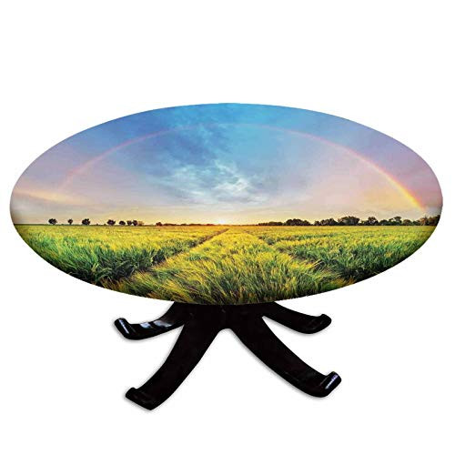 Elastic Edged Polyester Fitted Table Cover-Rainbow in Sky over Wheat Field at Sunset Natural Paradise Rural Life Illustration-Fits up 40"-44" Diameter Tables-The Ultimate Protection for Your Table-Gre