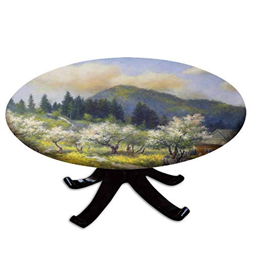 Elastic Edged Polyester Fitted Table Cover-Retro Village House in Garden Wooden Fence Trees White Flowers Forest-Fits up 40"-44" Diameter Tables-The Ultimate Protection for Your Table-Green White and Elastic Edged Polyester Fitted Table Cover-Retro Village House in Garden Wooden Fence Trees White Flowers Forest-Fits up 40"-44" Diameter Tables-The Ultimate Protection for Your Table-Green White and