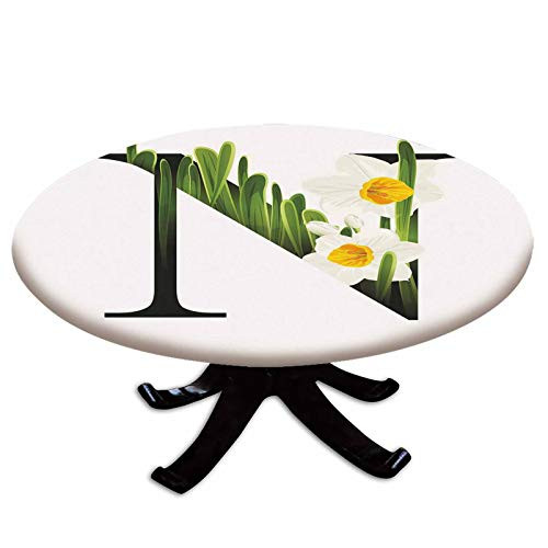 Elastic Edged Polyester Fitted Table Cover-Summer Garden Flowers and Abstract Font Black N Letter with Narcissus Decorative-Fits up 40"-44" Diameter Tables-The Ultimate Protection for Your Table-Marig Elastic Edged Polyester Fitted Table Cover-Summer Garden Flowers and Abstract Font Black N Letter with Narcissus Decorative-Fits up 40"-44" Diameter Tables-The Ultimate Protection for Your Table-Marig