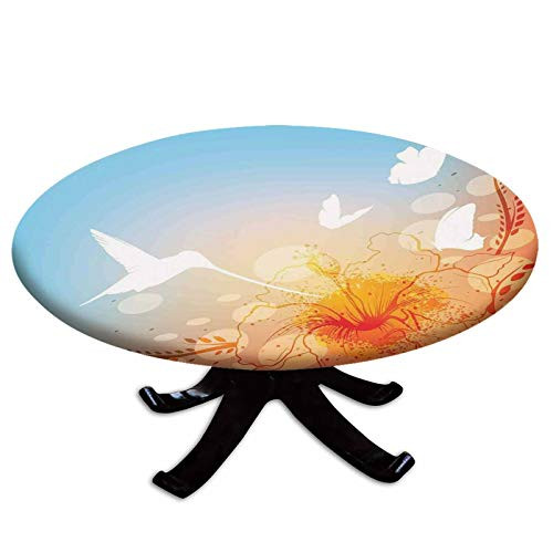 Elastic Edged Polyester Fitted Table Cover-Hummingbird and Butterflies Silhouettes Flowers Fun Summertime Garden-Fits up 40"-44" Diameter Tables-The Ultimate Protection for Your Table- Elastic Edged Polyester Fitted Table Cover-Hummingbird and Butterflies Silhouettes Flowers Fun Summertime Garden-Fits up 40"-44" Diameter Tables-The Ultimate Protection for Your Table-