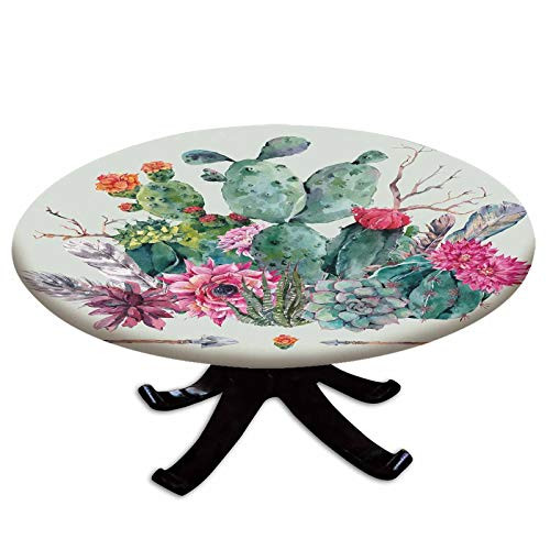 Elastic Edged Polyester Fitted Table Cover-Spring Garden with Boho Style Bouquet of Thorny Plants Blooms Arrows Feathers Decorative-Fits up 40"-44" Diameter Tables-The Ultimate Protection for Your Tab