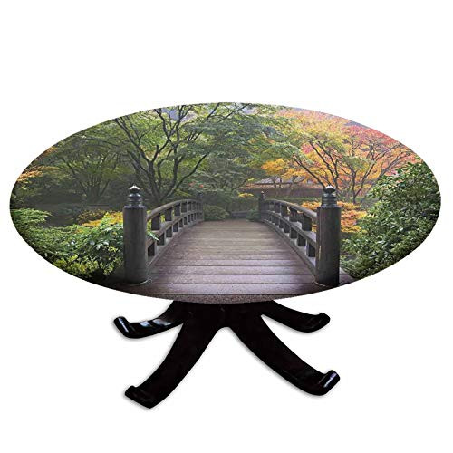 Elastic Edged Polyester Fitted Table Cover-Wooden Bridge at Portland Japanese Garden Oregon in Foggy Autumnal Morning Park-Fits up 40"-44" Diameter Tables-The Ultimate Protection for Your Table-Green