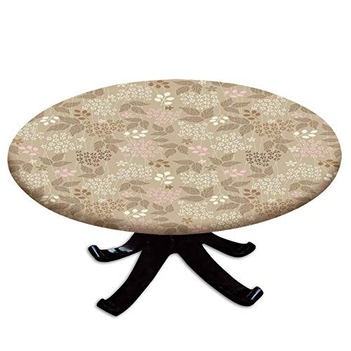 Elastic Edged Polyester Fitted Table Cover-Vintage Leaves Daisy Silhouettes Ornate Environment Elements Romantic Pattern Decorative-Fits up 40"-44" Diameter Tables-The Ultimate Protection for Your Tab