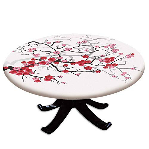 Elastic Edged Polyester Fitted Table Cover-Japanese Plant Sakura Flower with Abstract Backdrop Art-Fits up 40"-44" Diameter Tables-The Ultimate Protection for Your Table-Dark Brown Dark Coral and Ligh