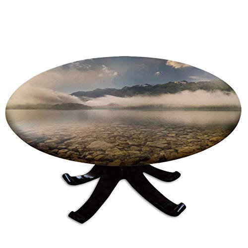 Elastic Edged Polyester Fitted Table Cover-Alpine Lake with Stones Rocks in Crystal Water with Mist Fog Clouds Image-Fits up 40"-44" Diameter Tables-The Ultimate Protection for Your Table-Grey White
