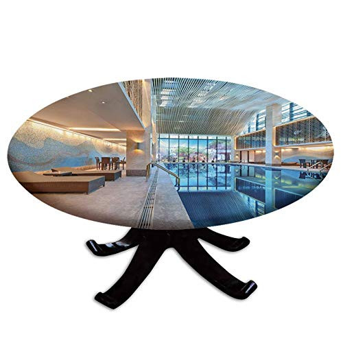 Elastic Edged Polyester Fitted Table Cover-Indoor Swimming Pool with Relaxing Long Seats Calming Image-Fits up 40"-44" Diameter Tables-The Ultimate Protection for Your Table-Turquoise Light Blue and W