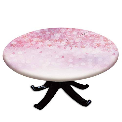 Elastic Edged Polyester Fitted Table Cover-Sakura Branches with Blooming Florets Garden Nature Summer Inspiration Art Decorative-Fits up 40"-44" Diameter Tables-The Ultimate Protection for Your Table-