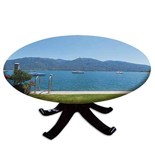 Elastic Edged Polyester Fitted Table Cover-Architecture Outdoor Terrace by the Lake with Green Garden Sail Boats Leisure-Fits up 40"-44" Diameter Tables-The Ultimate Protection for Your Table-Green Bl