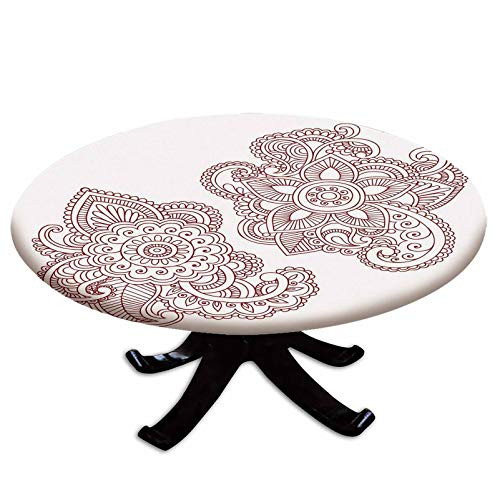 Elastic Edged Polyester Fitted Table Cover-Intricate Ornate Doodle Style Motifs Antique Ancient Cultures Mehendi Inspiration-Fits up 40"-44" Diameter Tables-The Ultimate Protection for Your Table-Burg
