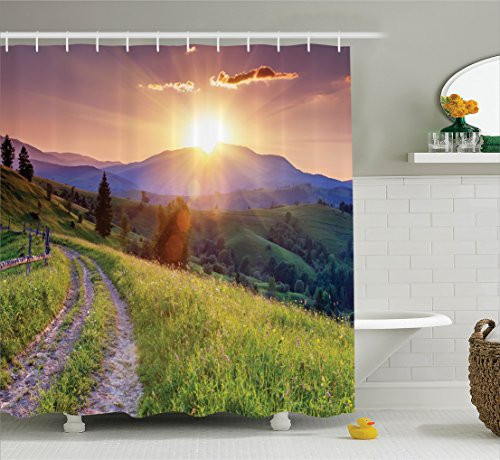 Ambesonne Nature Landscape Decor Collection, Sunset in the Mountain Landscape Rural Road Forest Countryside Wonderland Print Deco, Polyester Fabric Bathroom Shower Curtain Set with Hooks, Multi