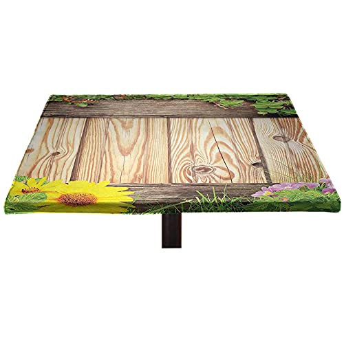 Wooden Elastic Edged Polyester Fitted Table Cover- Fence Garden Yard Summer Spring Daisy Flowers Butterfly Grass Rustic Print Fitted Square Tablecloth- Fit 40"x40" Square Table for Kitchen  and  Party