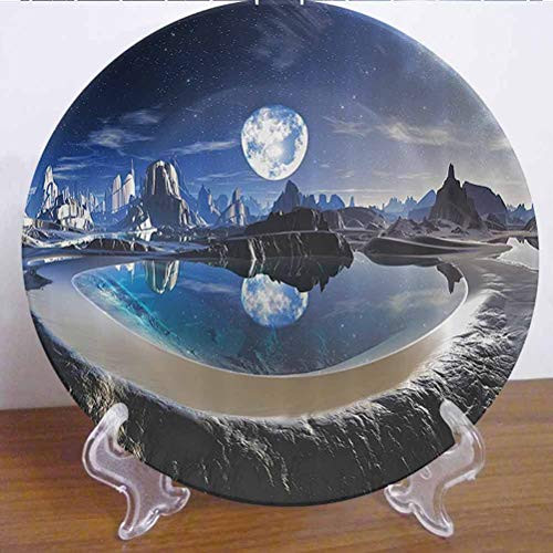 6" Fantasy House Decor Ceramic Tableware Plate Reflection of Earth in Crystal Pool Alien Planet Fantasy Panoramic View Decor Accessory for Upscale Events- Dinner Parties- Weddings- Catering