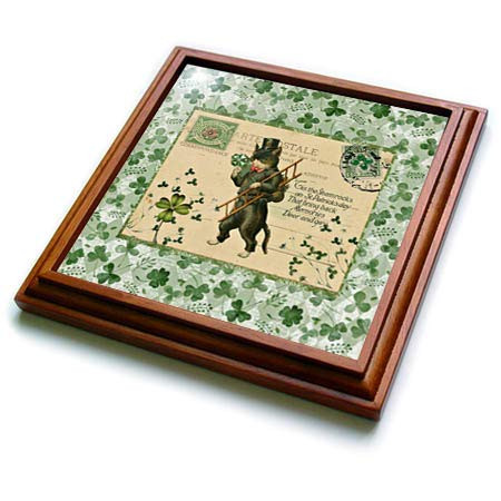 3dRose Image of Cat in Top Hat with Ladder- Shamrock- Postcard Style- Green - Trivets -trv-336164-1-
