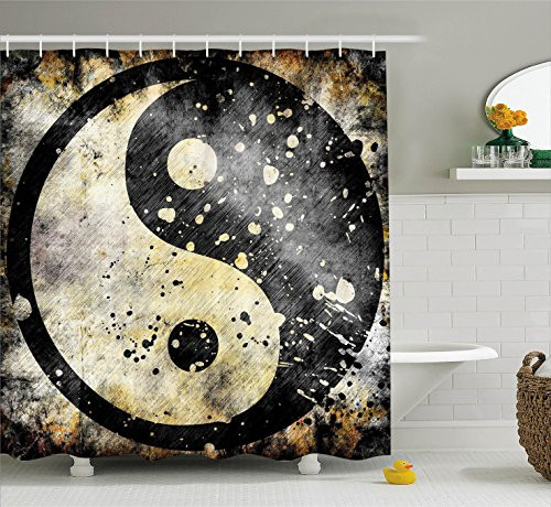 Ambesonne Ying Yang Decor Collection, Grunge Style with Paint Splash Effect Industrial Design Asian Decor Duality Zen Theme, Polyester Fabric Bathroom Shower Curtain Set with Hooks, Black Beige