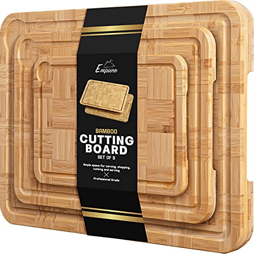 Bamboo Cutting Board- Large Cutting Boards for Meat -Set of 3-- Chopping Board with Juice Groove and Inner Handle- Wood Cutting Boards for Kitchen Heavy Duty Cheese Board by Empune