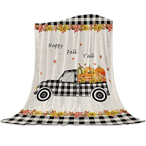 Flannel Fleece Throw Blanket 40x50 inches Truck Thanksgiving Pumpkin Reversible Soft Cozy Bed Blanket Fall Black White Check Microfiber Fluffy Lightweight Throw Blanket for Bed Couch Sofa Chair