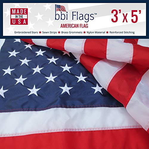 BBI Flags American Flag: 100% Made in USA Flag, Tough Nylon US Flag with Embroidered Stars & Sewn Stripes, Indoor/Outdoor United States Flag with Brass Grommets 3x5 American Flag (3x5) BBI Flags American Flag: 100% Made in USA Flag, Tough Nylon US Flag with Embroidered Stars & Sewn Stripes, Indoor/Outdoor United States Flag with Brass Grommets 3x5 American Flag (3x5)