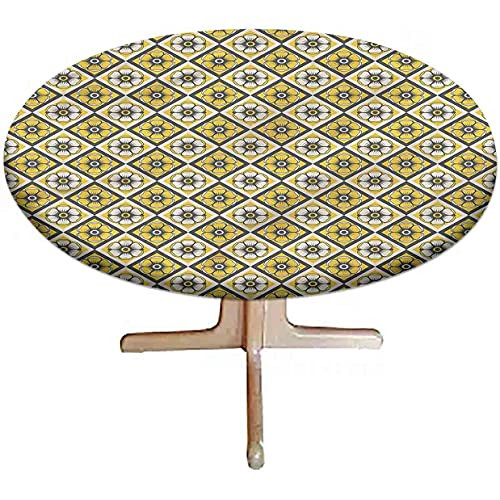 LCGGDB Grey and Yellow Elastic Edged Polyester Fitted Tablecloth- Yellow Tile Flowers Round Fitted Table Colth Fits Round Table 44 Diameter- for Picnic- Indoor and Outdoor Dining
