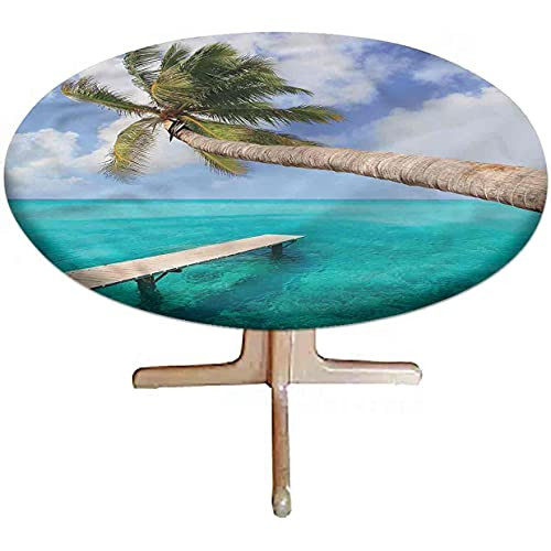 LCGGDB Beach Elastic Edged Polyester Fitted Tablecloth- Palm Tree on Tropical Shore Round Fitted Table Colth Fits Round Table 44 Diameter- for Picnic- Indoor and Outdoor Dining