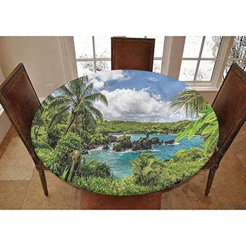 Hawaiian Elastic Edged Polyester Fitted Tablecolth -Relaxing Lagoon Coconut- Small Round Fitted Table Cover - Fits Tables up to 40-44" Diameter-The Ultimate Protection for Your Table Hawaiian Elastic Edged Polyester Fitted Tablecolth -Relaxing Lagoon Coconut- Small Round Fitted Table Cover - Fits Tables up to 40-44" Diameter-The Ultimate Protection for Your Table