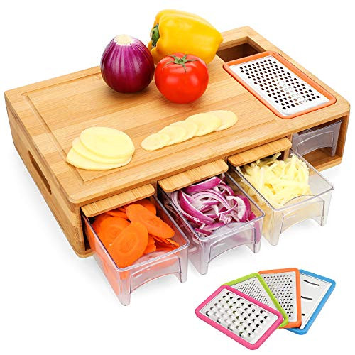 BRITOR Bamboo Cutting Board with 4 Containers- Large Chopping Board with Juice Grooves- Easy-Grip Handles and Food Sliding Opening- Carving Board with Trays for Food Storage- Transport and Cleanup BRITOR Bamboo Cutting Board with 4 Containers- Large Chopping Board with Juice Grooves- Easy-Grip Handles and Food Sliding Opening- Carving Board with Trays for Food Storage- Transport and Cleanup