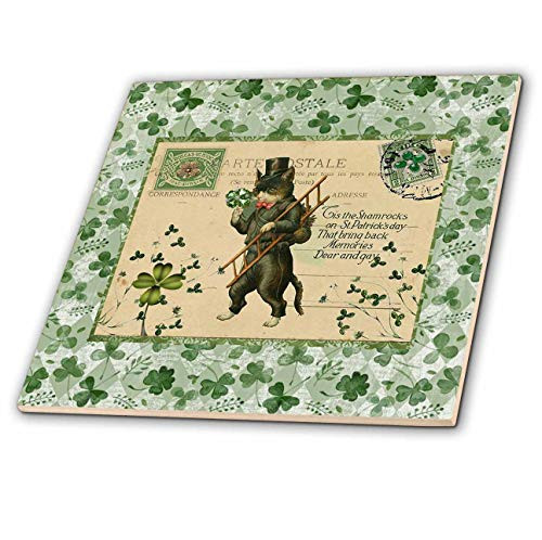3dRose Image of Cat in Top Hat with Ladder- Shamrock- Postcard Style- Green - Tiles -ct-336164-4- 3dRose Image of Cat in Top Hat with Ladder- Shamrock- Postcard Style- Green - Tiles -ct-336164-4-