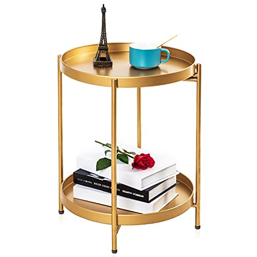 Sankell Gold End Table- 2-Tier Round Metal Side Table Removable Tray- Small Accent Table/Nightstand- Circle Coffee Table Indoor/Outdoor- Sofa Side Snack Table- Boho Side Table for Living Room Bedroom