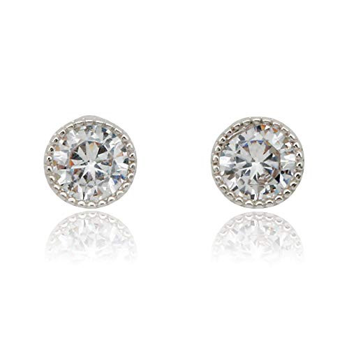 Kakikaki Tiny Sterling Silver Brilliant Earring Studs Round Bezel Set Cubic Zirconia Diamond Imitation- 4mm/6mm