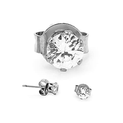 BEBERLINI Stud Earrings Round Cubic Zirconia Push Back Silver Stainless Steel CZ Ear Piercing Jewelry for Women Men 4 mm