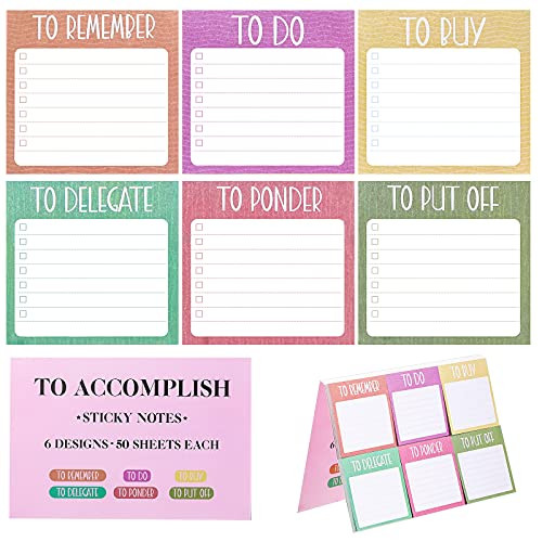 6 Pieces to Accomplish Sticky Notes Planner Note Pads Self-Stick Planning Notepads to Do List Self-Adhesive Notepads Sticky Lined Memo Pads Adhesive Checklist Note Remainder for Study Work Daily Use