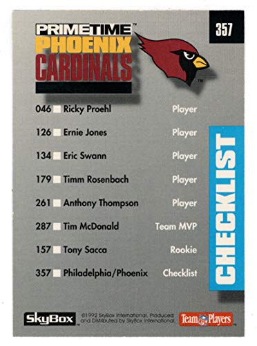 Philadelphia Eagles - Phoenix Cardinals - Checklist -Football Card- 1992 Skybox Prime Time  357 Mint