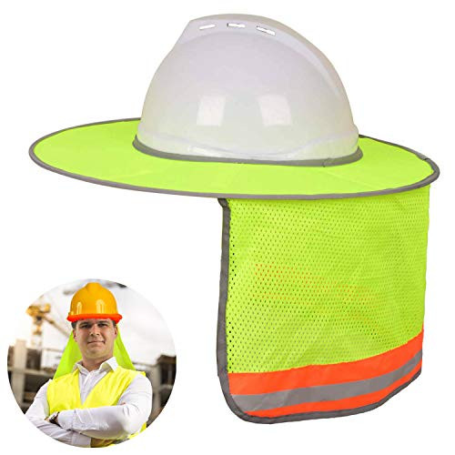 PartyYeah 1Pc Yellow Hard Hat Sun Shield Neck Shield for Safety Helmet- Hard Hat Sun Shade Sunshade Neck Shield with Full Brim Sun Shade Attachable Foldable Reflective Stripe -Hard Hat Not Included-