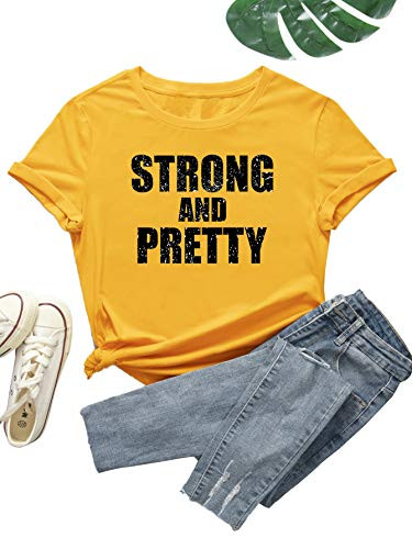 Romwe Women's Positive Letter Graphic Print Short Sleeve Round Neck Basic T Shirt Tee Tops Yellow XL