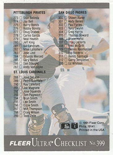 Terry Kennedy - Checklist  3 -Baseball Card- 1991 Ultra - Fleer  399 NM/MT