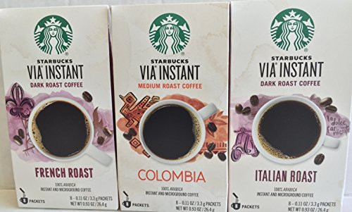 Starbucks Via Instant Coffee Bundle- 24 Packets--Italian Roast, Colombia, & French Roast