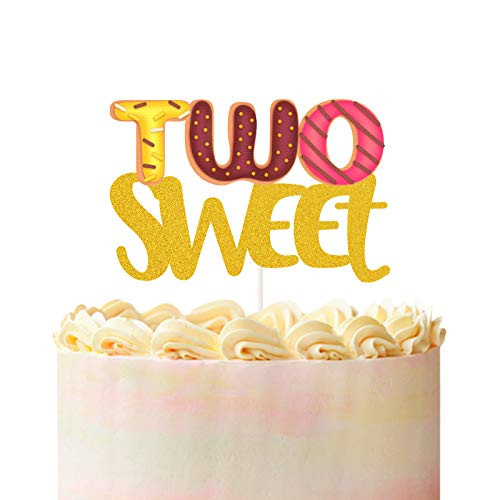 Two Sweet Doughnut Cake Topper for Second Birthday-Gold Glitter Summer Happy 2nd Birthday Party Decorations-Smash Photo Prop