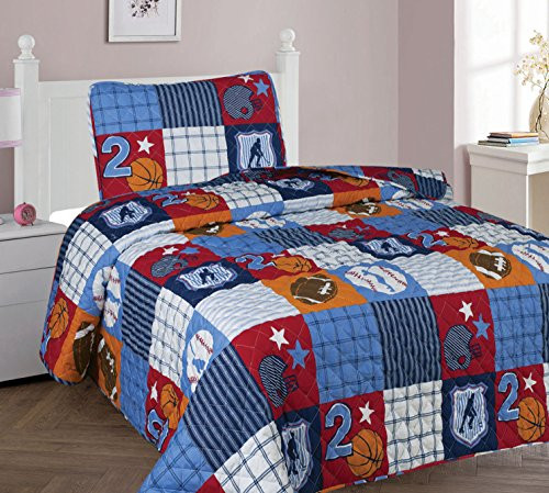 Sapphire Home 2pc Bedspread Quilt Bedding Set Twin Size for Kids Teens Boys, Sports Soccer Baseball Football Printed Patchwork Style Bedspread, Blue Twin Bedspread + Pillow Sham