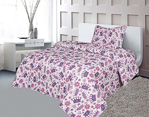 Sapphire Home 2pc Bedspread Quilt Bedding Set Twin Size for Kids Teens Girls, Princess Crown Hearts Bedding Theme Printed Style Bedspread, Pink Purple White Twin Bedspread + Pillow Sham