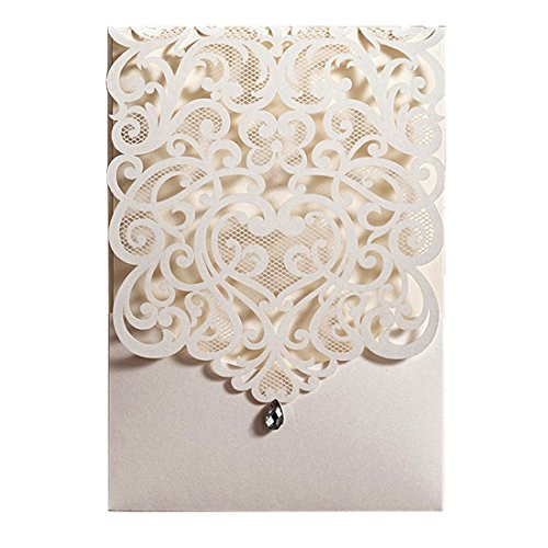 Wishmade 20x Vertical Ivory Laser Cut Wedding Invitations Hollow Lace Flower Invitation Cards Kit with Rhinestone Marriage Engagement Birthday (Pack of 20pcs)