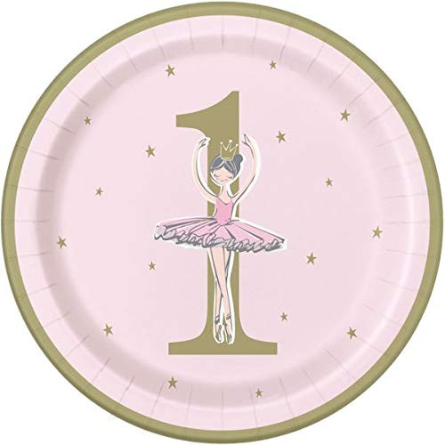 Ballerina 1st Birthday Round Dinner Plates I Pink  and  Gold I 8 Pcs.