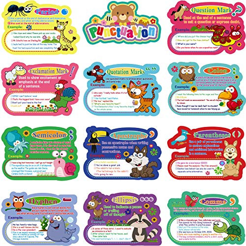 12 Pieces Punctuation Poster Bulletin Board Educational Preschool Punctuation Poster Punctuation Cutouts Language Arts Classroom Posters Bulletin Board Set with 60 Glue Point Dots