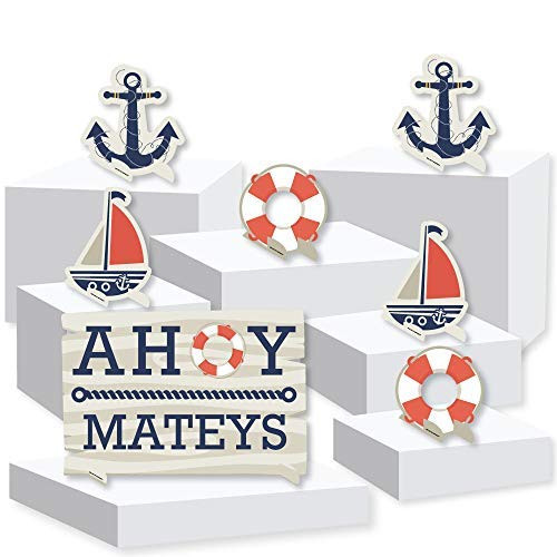 Ahoy - Nautical - Baby Shower or Birthday Party Centerpiece and Buffet Table Decor - Tabletop Standup - Set of 7