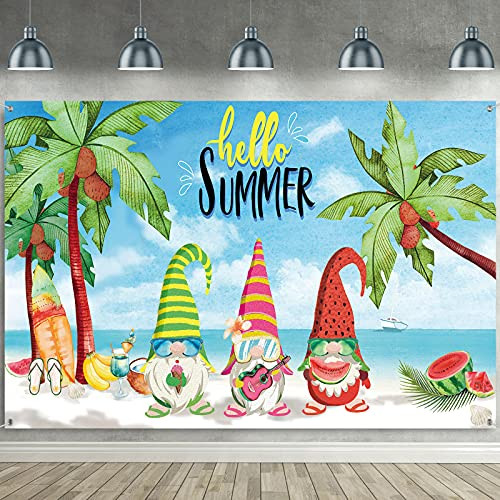 Hawaiian Hello Summer Party Backdrop Banner Decoration- Large Fabric Beach Gnomes Sign Banner Summer Beach Ocean Background Summer Beach Photo Booth for Summer Pool Party Supplies Decoration