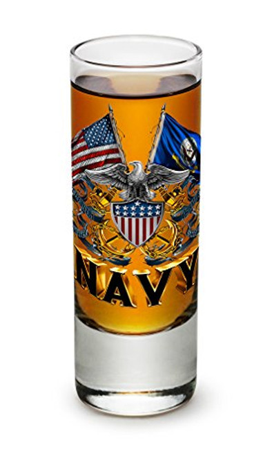Shot Glasses  United States Navy Gifts for Men or Women  US Navy American Soldier Shot Glasses  Double Flag Eagle Navy Shield Glass Shot Glass -2 Oz-