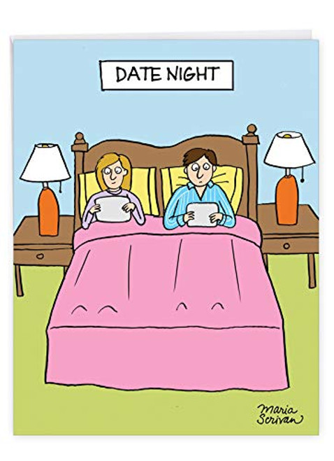 Date Night - Humorous Anniversary Greeting Card with Envelope -Large 8.5 x 11 Inch- - Couples in Bed with Tablets- Happy Anniversary Card for Husband- Wife - Loving Cartoon Congrats J9667