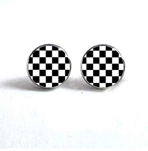 Black and White Checkerboard Stud Earrings- Handmade Glass Earring-Hypoallergenic Steel Studs