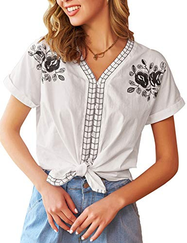 GRACE KARIN Womens Casual V Neck Short Sleeve Button Down Collar Blouses Shirts White S